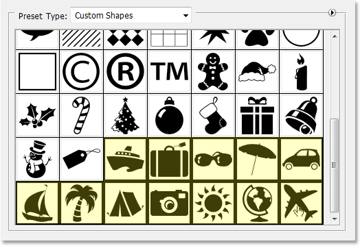 Adobe Photoshop tutorial image: Selecting all the Vacation-themed shapes in the Preset Manager.