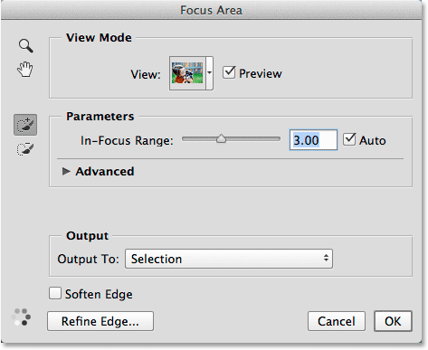 The Focus Area dialog box in Photoshop CC 2014. 
