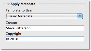 The Apply Metadata option in the Photo Downloader in Adobe Bridge CS5. Image © 2011 Photoshop Essentials.com.