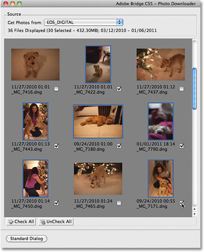Selecting invidual images in the Photo Downloader in Adobe Bridge CS5. Image © 2011 Photoshop Essentials.com.