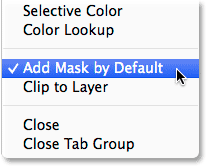 Disabling the Add Mask by Default option in the Adjustments panel menu. Image © 2014 Steve Patterson, Photoshop Essentials.com