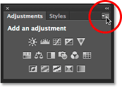 Clicking the Adjustments panel menu icon. Image © 2014 Steve Patterson, Photoshop Essentials.com