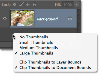 The Layers panel showing the largest of the preview thumbnail sizes. Image © 2014 Steve Patterson, Photoshop Essentials.com