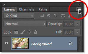 Clicking the Layers panel menu icon. Image © 2014 Steve Patterson, Photoshop Essentials.com