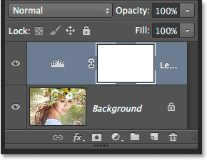 The Layers panel showing an unneeded mask thumbnail for an adjustment layer. Image © 2014 Steve Patterson, Photoshop Essentials.com