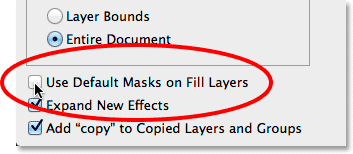 Unchecking the Use Default Masks on Fill Layers option. Image © 2014 Steve Patterson, Photoshop Essentials.com