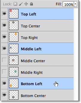 Selecting the Top Left, Middle Left and Bottom Left layers in the Layers panel. Image © 2011 Photoshop Essentials.com