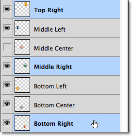 Selecting the Top Right, Middle Right and Bottom Right layers in the Layers panel. Image © 2011 Photoshop Essentials.com