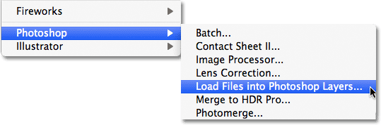 The Load Files into Photoshop Layers command in Adobe Bridge CS5. Image © 2011 Photoshop Essentials.com