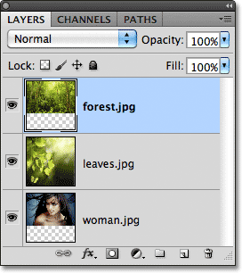 The three photos appear on separate layers in the Layers panel. Image © 2011 Photoshop Essentials.com