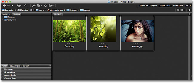 All three images are now selected in Adobe Bridge. Image © 2011 Photoshop Essentials.com