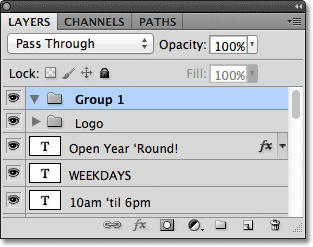 A new layer group named Group 1 is added to the Layers panel. Image © 2011 Photoshop Essentials.com