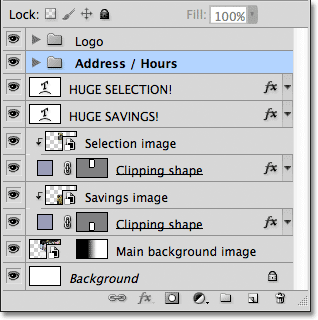 Placing the layers into a layer group has reduced the number of layers in the Layers panel. Image © 2011 Photoshop Essentials.com