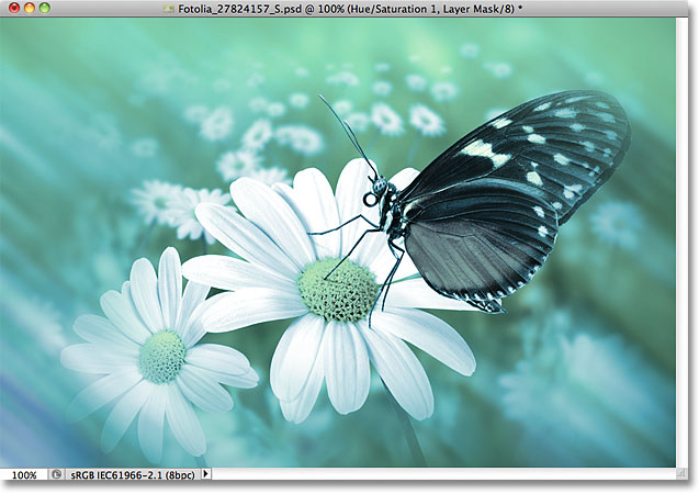 The image after lowering the opacity value of the adjustment layer. Image © 2011 Photoshop Essentials.com