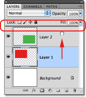 Moving Layer 1 in the Layers panel. Image © 2011 Photoshop Essentials.com