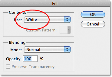 Changing the Use option to White in the Fill dialog box in Photoshop. Image © 2011 Photoshop Essentials.com