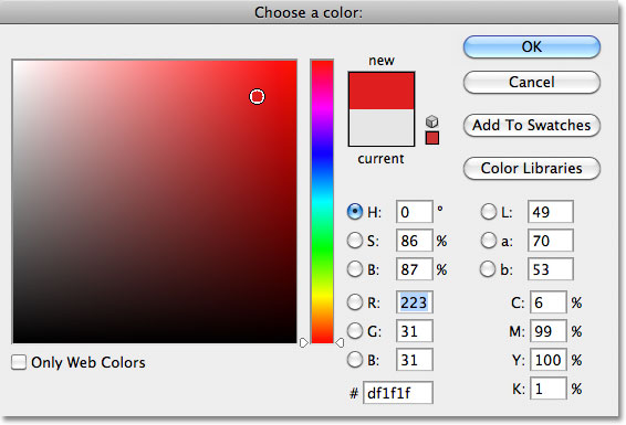 Choosing a color from the Color Picker in Photoshop. Image © 2011 Photoshop Essentials.com