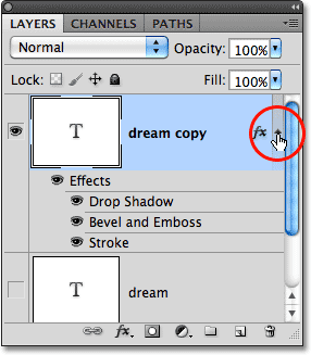 The list of layer effects in the Layers panel. Image © 2011 Photoshop Essentials.com