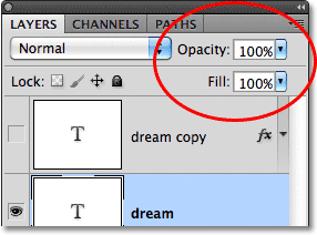 The Opacity and Fill options in the Layers panel in Photoshop. Image © 2011 Photoshop Essentials.com