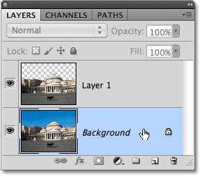 Selecting the Background layer in the Layers panel in Photoshop. Image © 2010 Photoshop Essentials.com