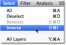 Choosing Inverse from the Select menu in Photoshop. Image © 2010 Photoshop Essentials.com