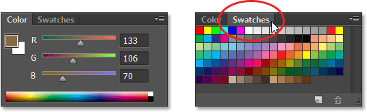 Switching between the Color and Swatches panels in Photoshop CS6. Image © 2013 Steve Patterson, Photoshop Essentials.com