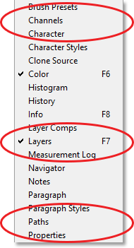 A checkmark appears beside the Layers panel under the Window menu. Image © 2013 Steve Patterson, Photoshop Essentials.com