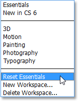 Selecting the Reset Essentials command in Photoshop CS6. Image © 2013 Steve Patterson, Photoshop Essentials.com