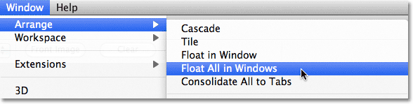 The Float All in Windows command in Photoshop CS5. Image © 2011 Photoshop Essentials.com