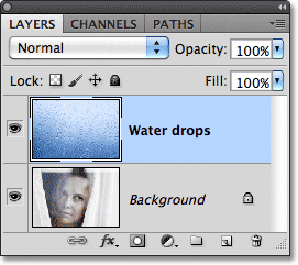 Photoshop Layers panel showing the new Water drops layer. Image © 2011 Photoshop Essentials.com