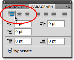 The text alignment options in the Paragraph panel in Photoshop. Image © 2011 Photoshop Essentials.com