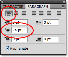 Increasing the Indent First Line option. Image © 2011 Photoshop Essentials.com