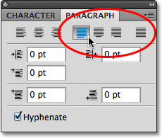 The type justification options in the Paragraph panel in Photoshop. Image © 2011 Photoshop Essentials.com