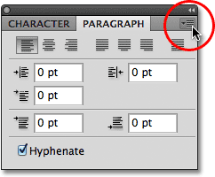Clicking the Paragraph panel menu icon in Photoshop. Image © 2011 Photoshop Essentials.com