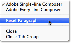 Choosing the Reset Paragraph option in the Paragraph panel menu. Image © 2011 Photoshop Essentials.com