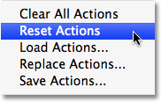 Choose 'Reset Actions' from the menu in the Actions palette. Image copyright © 2008 Photoshop Essentials.com
