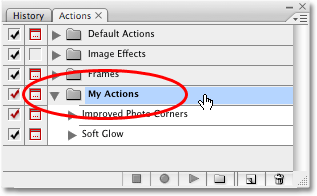 Selecting the 'My Actions' set inside the Actions palette in Photoshop. Image copyright © 2008 Photoshop Essentials.com