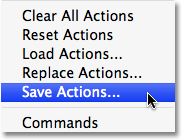 Selecting the 'Save Actions' menu option in the Actions palette. Image copyright © 2008 Photoshop Essentials.com