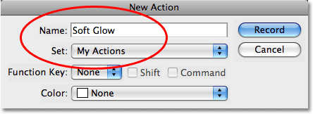 The 'New Action' dialog box in Photoshop. Image copyright © 2008 Photoshop Essentials.com