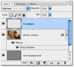 The Layers palette in Photoshop showing the '4 corners' layer now selected. Image copyright © 2008 Photoshop Essentials.com