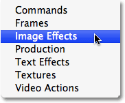 Selecting the Image Effects action set in Photoshop CS3. Image copyright © 2008 Photoshop Essentials.com