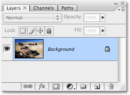 Photoshop's Layers palette showing the photo on the Background layer. Image copyright © 2008 Photoshop Essentials.com