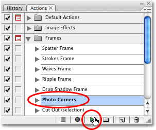 Selecting and playing the Photo Corners action from the Frames action set in Photoshop. Image copyright © 2008 Photoshop Essentials.com