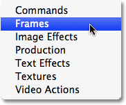 Selecting the Frames action set from the Actions palette menu in Photoshop. Image copyright © 2008 Photoshop Essentials.com