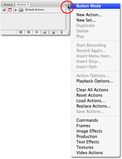 The fly-out menu for the Actions palette in Photoshop. Image copyright © 2008 Photoshop Essentials.com