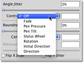 The options for controlling the Angle of the brush in Photoshop. Image © 2010 Photoshop Essentials.com