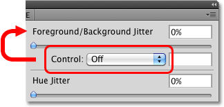 The single Control option in the Color Dynamics section of the Brushes panel in Photoshop. Image © 2010 Photoshop Essentials.com