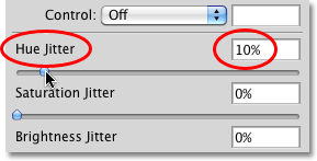 Setting the Hue Jitter in the Color Dynamics section of the Brushes panel to 10%. Image © 2010 Photoshop Essentials.com