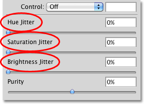 The Hue Jitter, Saturation Jitter and Brightness Jitter controls in the Color Dynamics section of the Brushes panel. Image © 2010 Photoshop Essentials.com