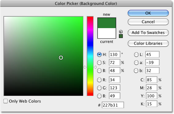 Selecting a new color from the Color Picker in Photoshop. Image © 2010 Photoshop Essentials.com